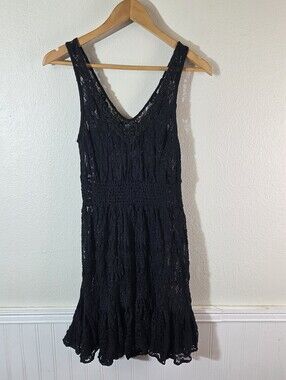 Free People Black Lace Beaded Tiered Mini Dress Womens XS Sheer Sleeveless Boho